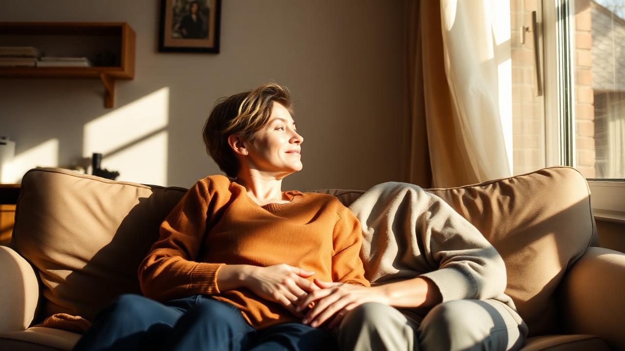 Two friends sitting together on a sunlit sofa in warm natural light